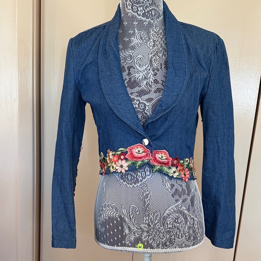Embroidered Denim Blazer with Floral Accents